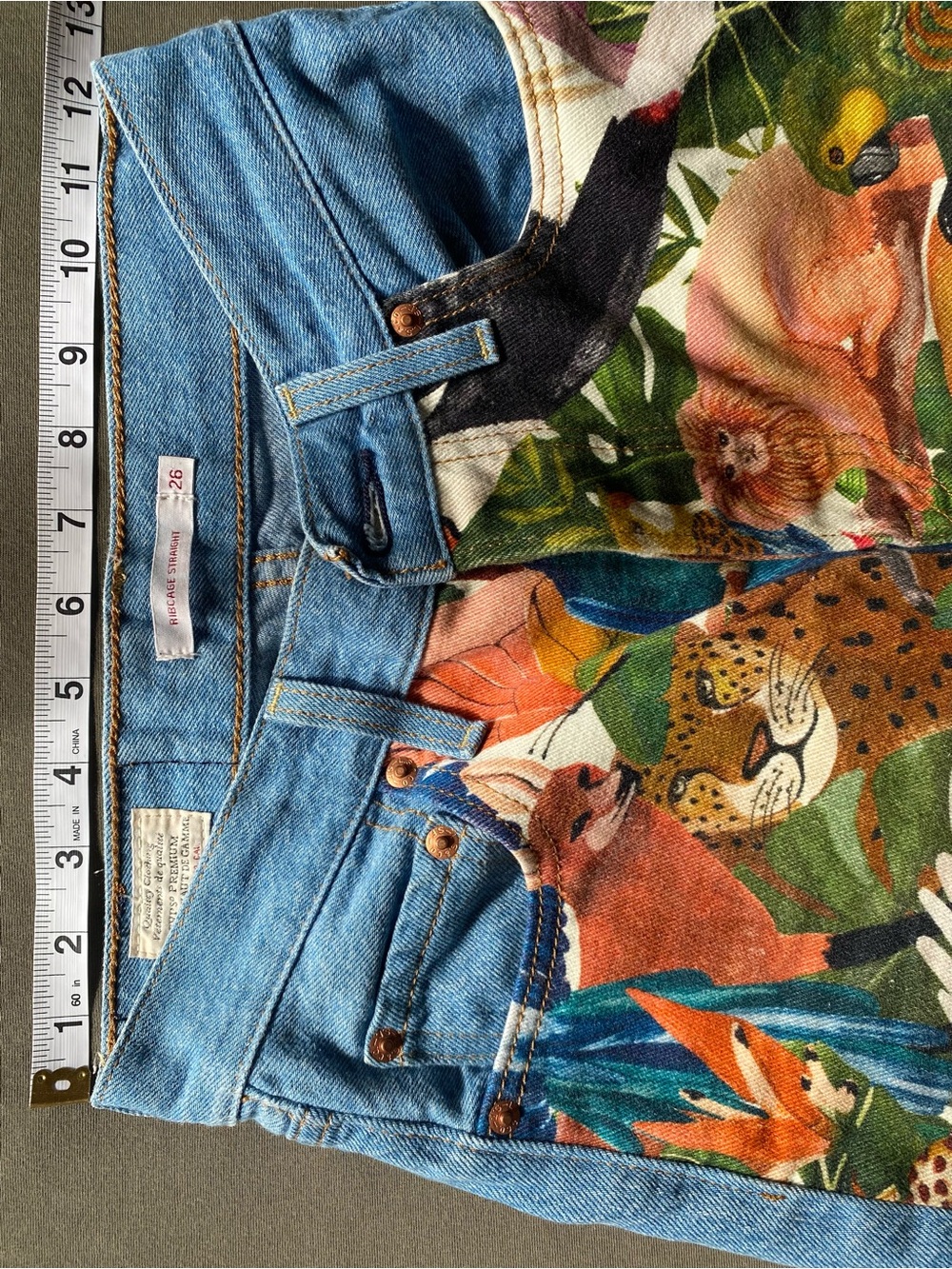 Women’s Two-Tone Denim Jeans with Tropical Print Panel - Blue - Picture 5 of 9